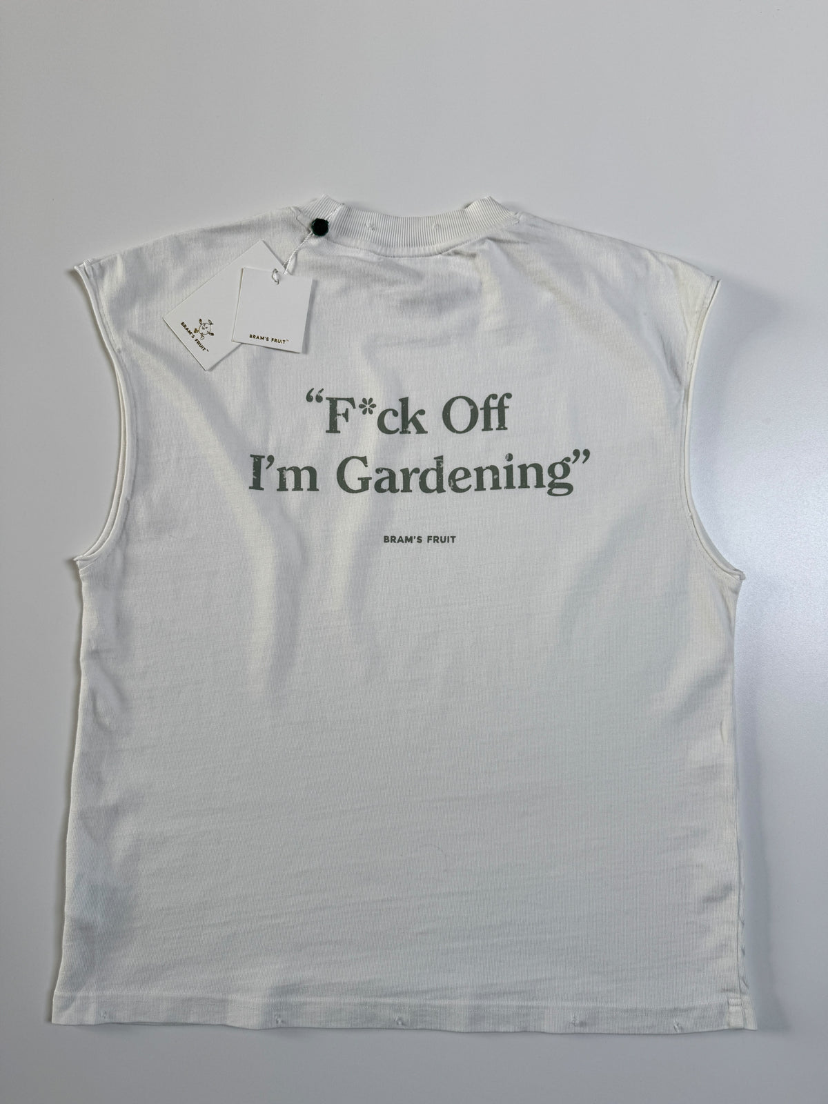 Brams Fruit – F*ck Off I’m Gardening Distressed Sleeveless T-Shirt – White