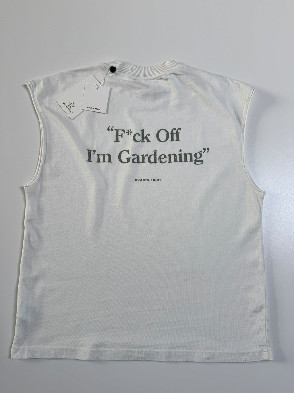 Brams Fruit – F*ck Off I’m Gardening Distressed Sleeveless T-Shirt – White