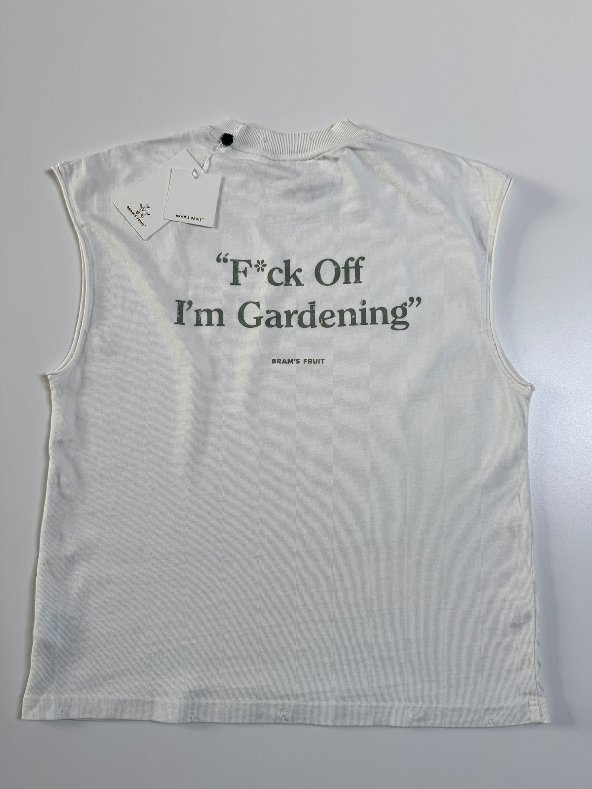Brams Fruit – F*ck Off I’m Gardening Distressed Sleeveless T-Shirt – White